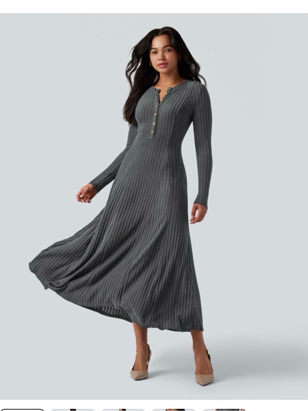 HALARA Ribbed Henley Long-Sleeve Maxi Dress in Charcoal Gray - Picture 1 of 5